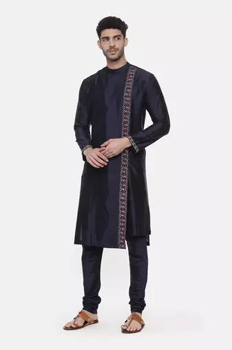 Blue Embroiderd Linen Silk Kurta