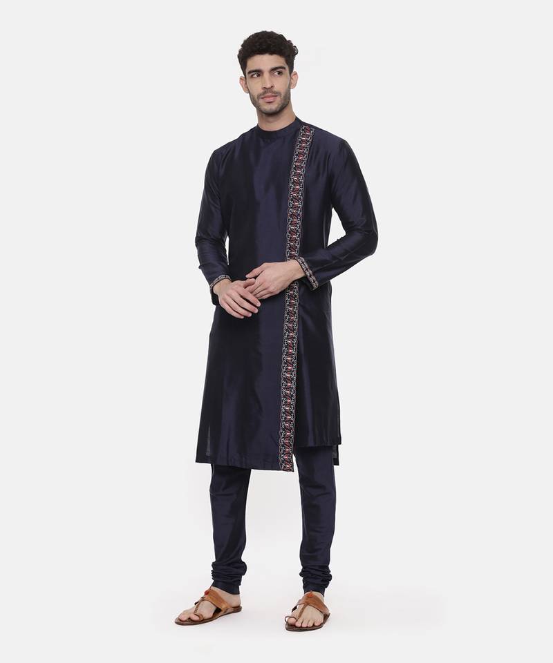Blue Embroiderd Linen Silk Kurta