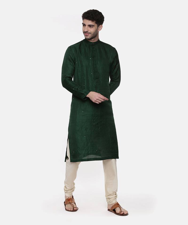 Green Silk Slub Mukaish Kurta