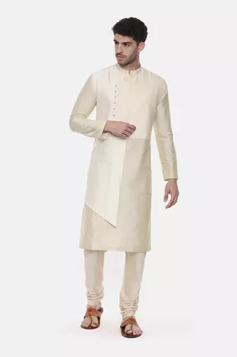 Beige Ivory Silk Cut Away Kurta