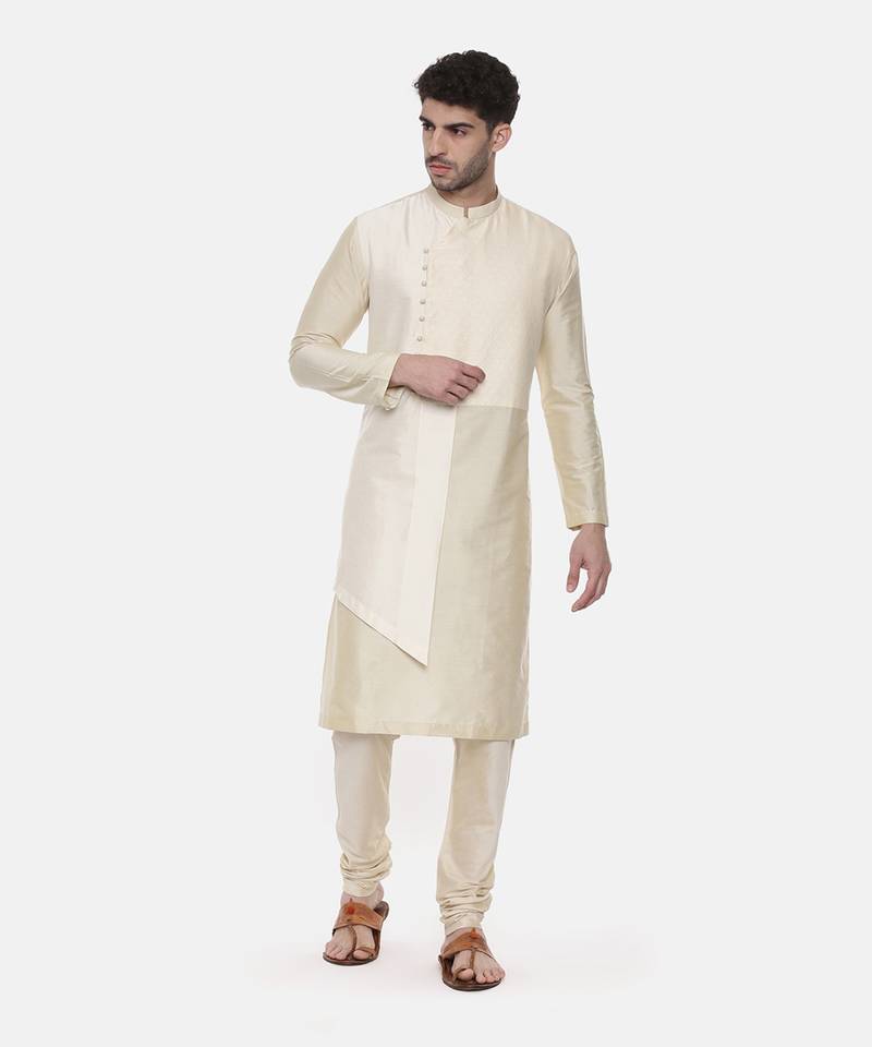 Beige Ivory Silk Cut Away Kurta