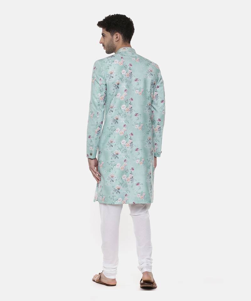 Sea Green Linen Printed Sherwani