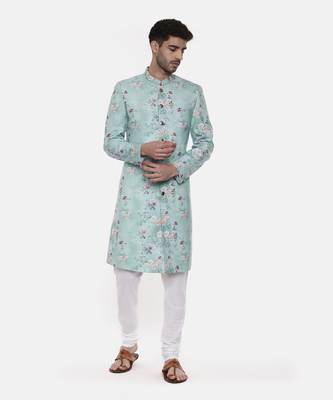 Sea Green Linen Printed Sherwani 6