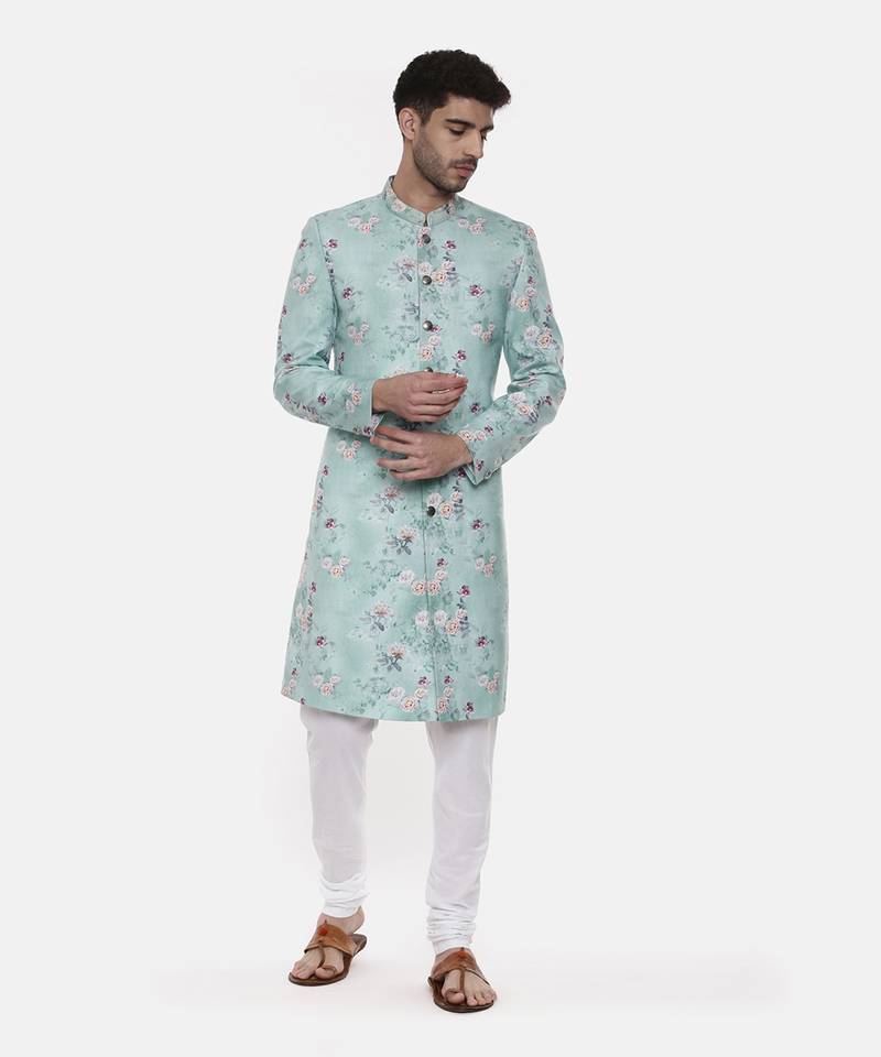 Sea Green Linen Printed Sherwani