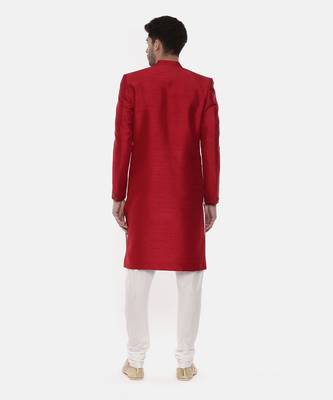 Silk Slub Embroired Red Sherwani 5