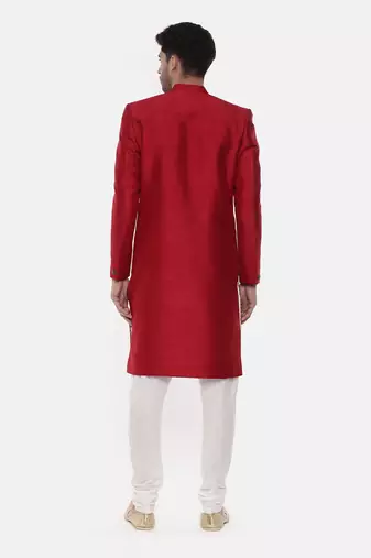 Silk Slub Embroired Red Sherwani