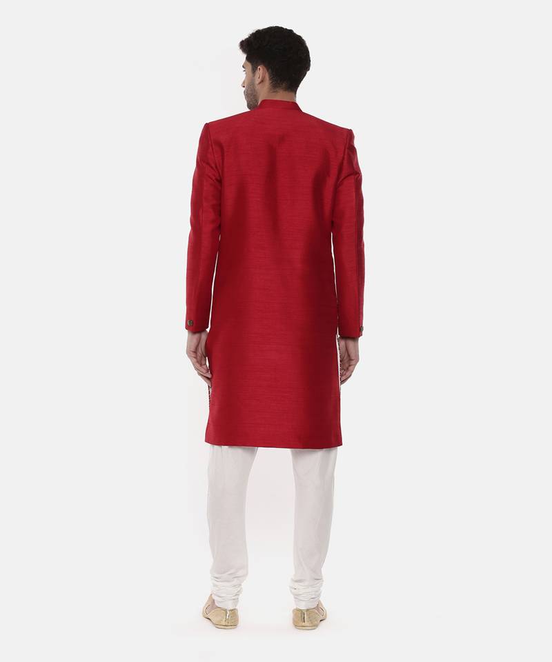 Silk Slub Embroired Red Sherwani