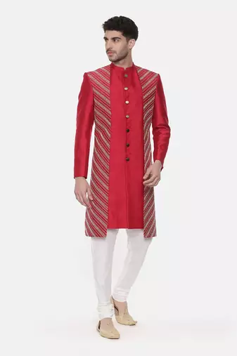 Silk Slub Embroired Red Sherwani