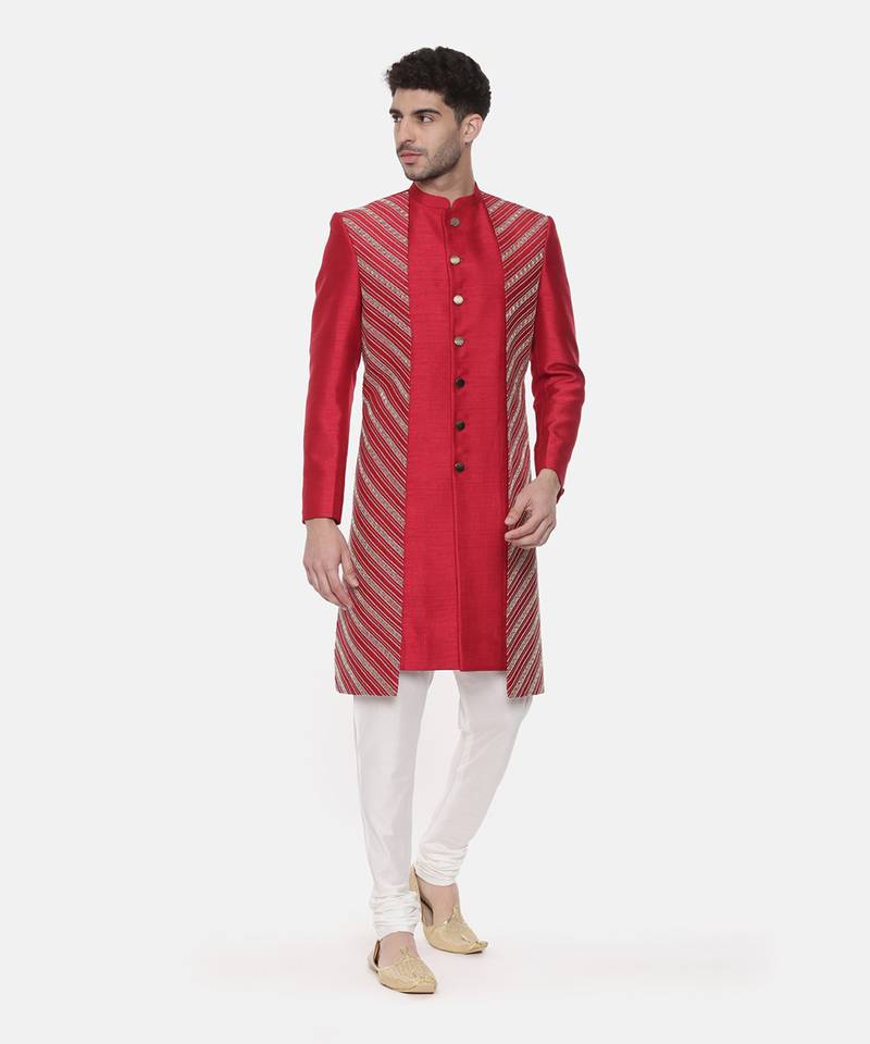 Silk Slub Embroired Red Sherwani