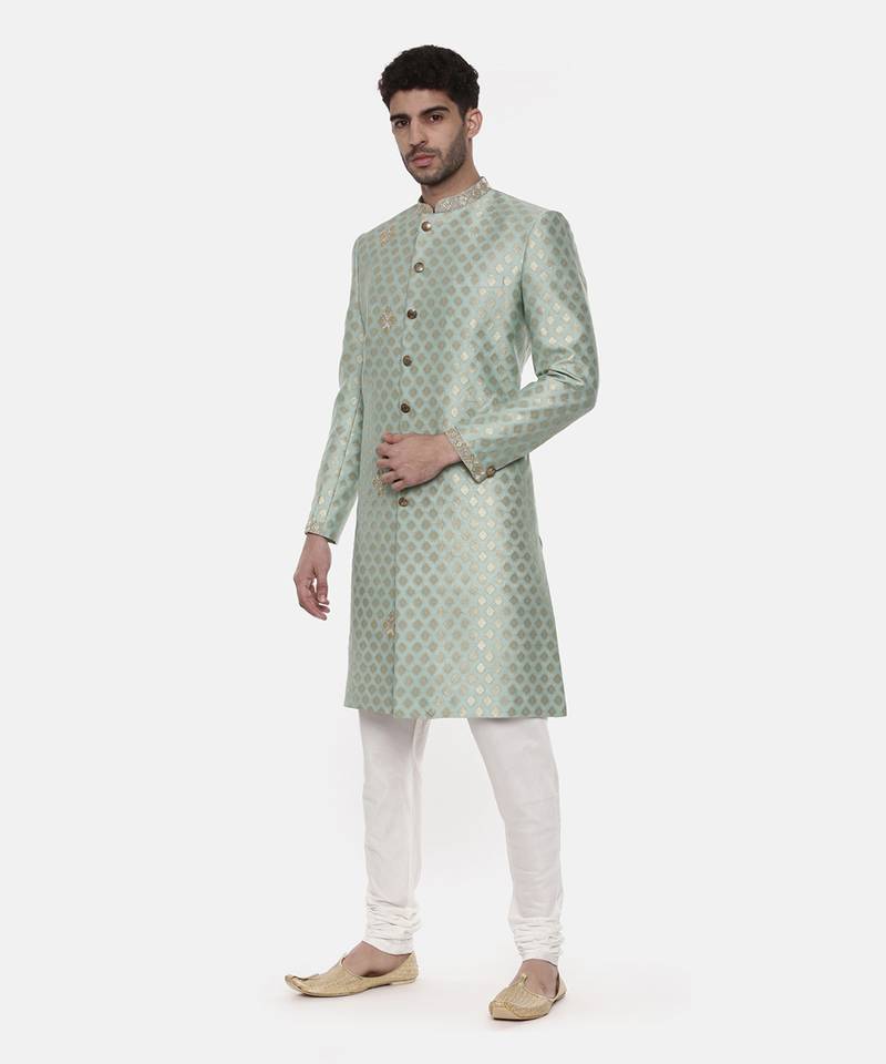 Classic Banares Jaquard Green Sherwani