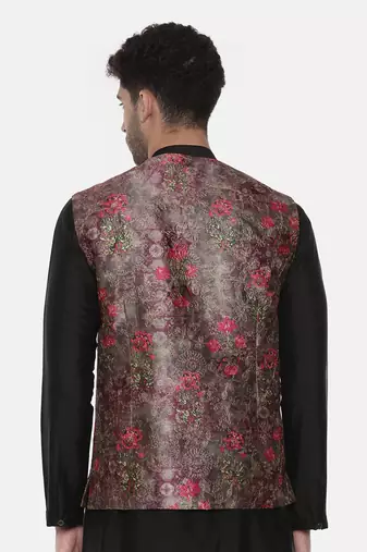 Rust Pink Printed Open Silk Jacket