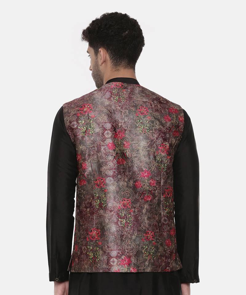 Rust Pink Printed Open Silk Jacket