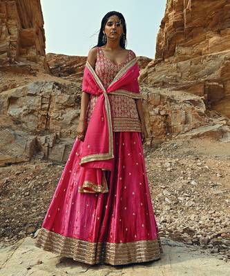 Rani Pink Velvet Kurta Lehenga 6