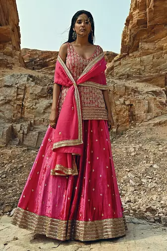 Rani Pink Velvet Kurta Lehenga