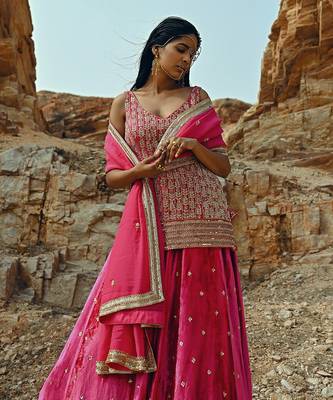 Rani Pink Velvet Kurta Lehenga 7