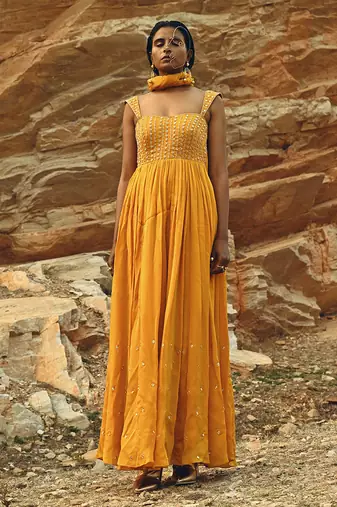 Mango Yellow Half Kali Chitta Anarkali