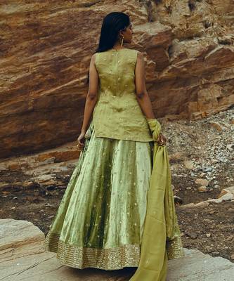 Pista Green Kurta Velvet Lehenga 7