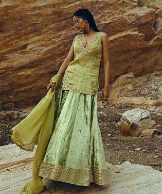 Pista Green Kurta Velvet Lehenga 8