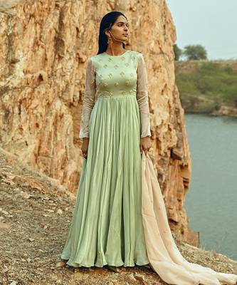 Mint Blue-Ivory Sleeves Anarkali 1