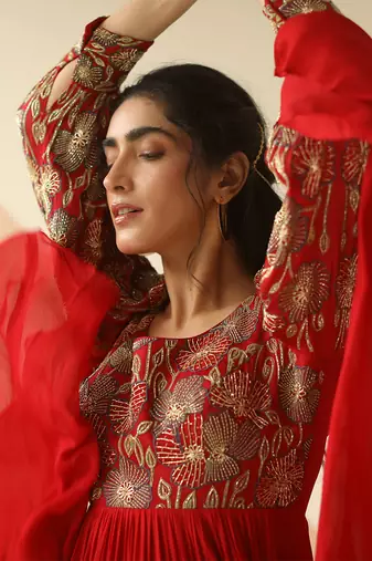 Red Heavy Yoke Bell Sleeve Jaal Anarkali With Border Dupatta