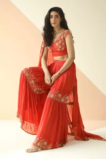 Red Cupwork Blouse Embroidered Sharara With Border Dupatta