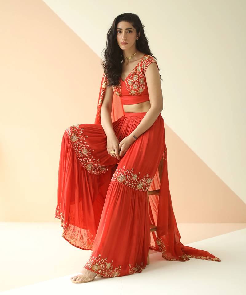 Red Cupwork Blouse Embroidered Sharara With Border Dupatta