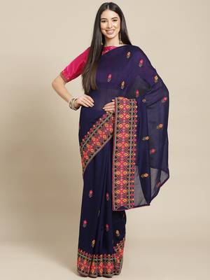Navy blue embroidered georgette saree with blouse 1