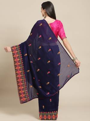 Navy blue embroidered georgette saree with blouse 2