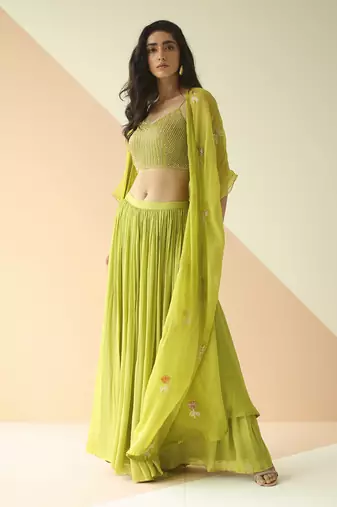 Lime Green Heavy Step Blouse Sharara With Butti Organza Jacket