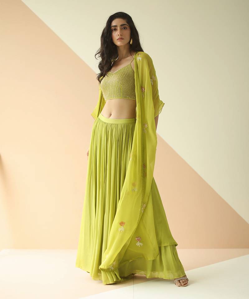Lime Green Heavy Step Blouse Sharara With Butti Organza Jacket