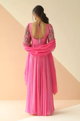 Bubble Pink Half Kali Anarkali With Scallop Butti Dupatta