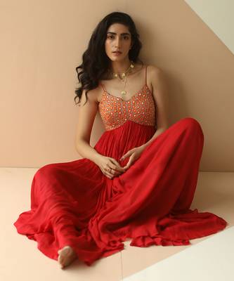 Red Heavy Yoke Flower Anarkali With Scallop Dupatta 1