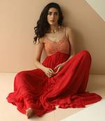 Red Heavy Yoke Flower Anarkali With Scallop Dupatta