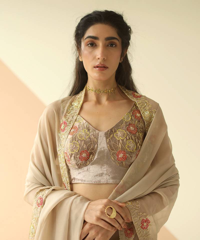 Grey Cupwork Blouse Embroidered Sharara With Border Dupatta