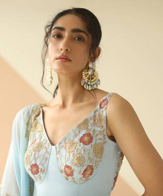Powder Blue Cupwork Anarkali With Border Dupatta 5