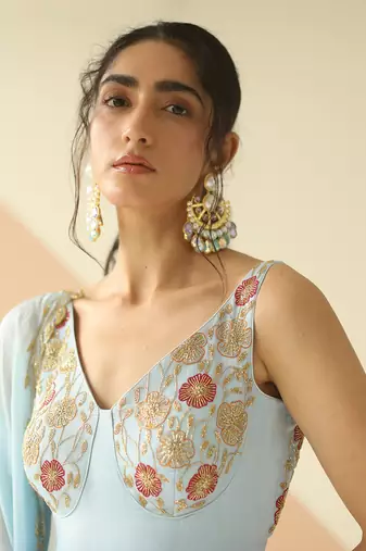 Powder Blue Cupwork Anarkali With Border Dupatta