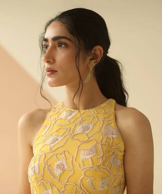 Yellow Abstract Anarkali With Scallop Dupatta 5