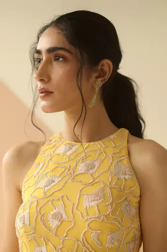 Yellow Abstract Anarkali With Scallop Dupatta
