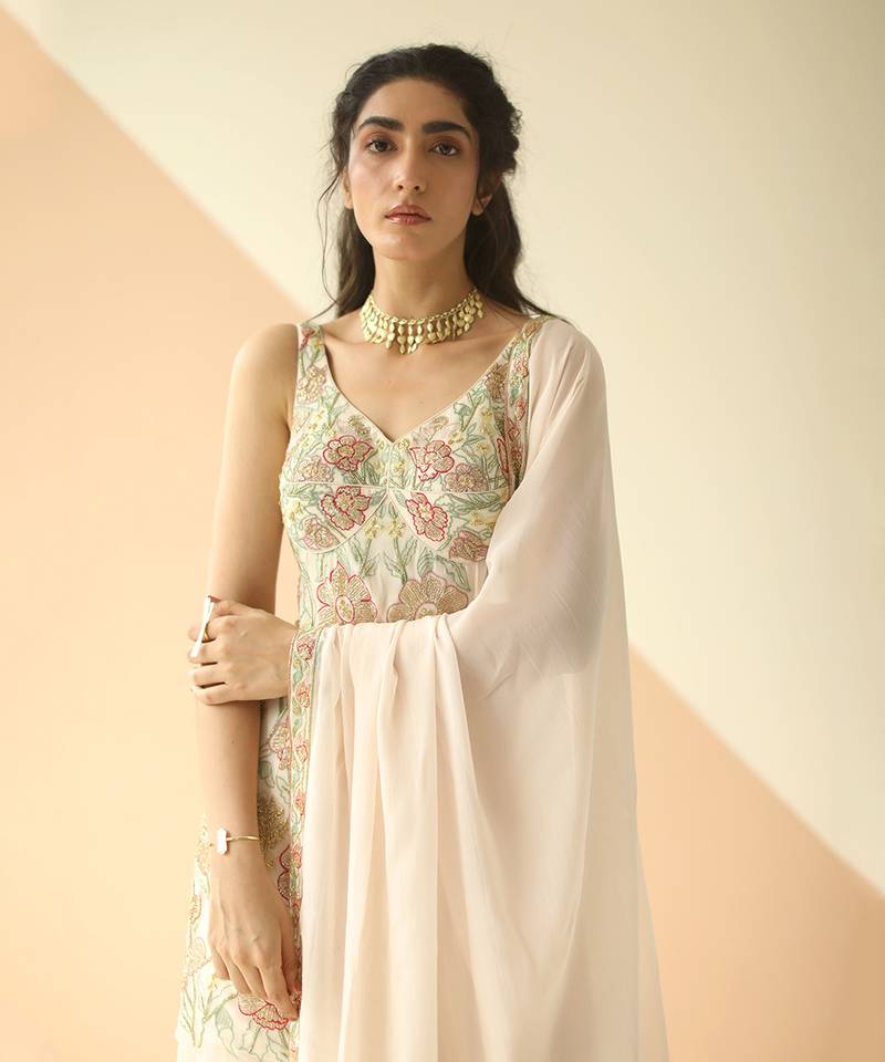 Offwhite Heavy Jaal Kurti Sharara With Border Dupatta