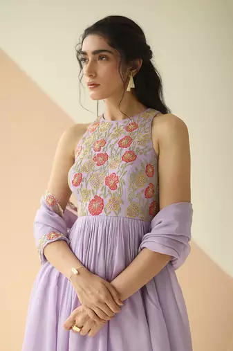 Lavender Heavy Yoke Peplum Gharara With Cutwork Border Dupatta