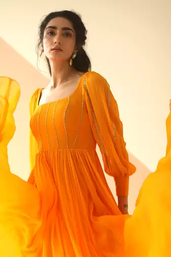 Mango Yellow Line Anarkali With Dupatta