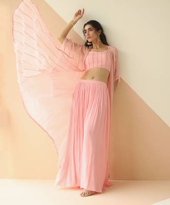 Baby Pink Step Line Blouse Sharara With Line Organza Jacket 1