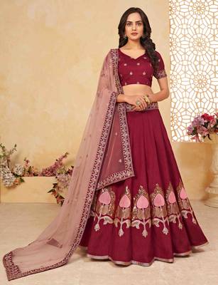 Maroon embroidered silk semi stitched lehenga 1