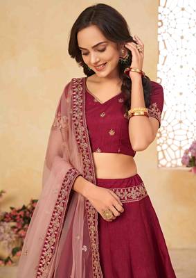 Maroon embroidered silk semi stitched lehenga 2