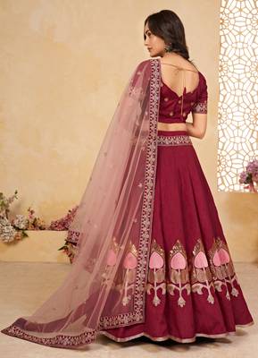 Maroon embroidered silk semi stitched lehenga 3