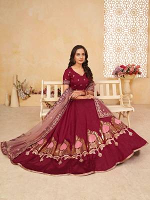Maroon embroidered silk semi stitched lehenga 4