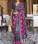 Navy blue printed silk saree with blouse