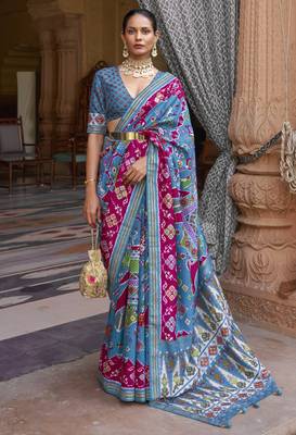 Aqua blue printed silk saree with blouse 1