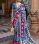 Aqua blue printed silk saree with blouse