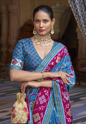Aqua blue printed silk saree with blouse 2